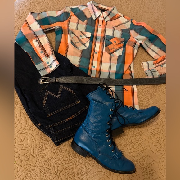 VTG Justin 80s 90s Teal Turquoise Blue Lace-Up Kiltie Roper Granny Boots 7.5-8 - Picture 9 of 11